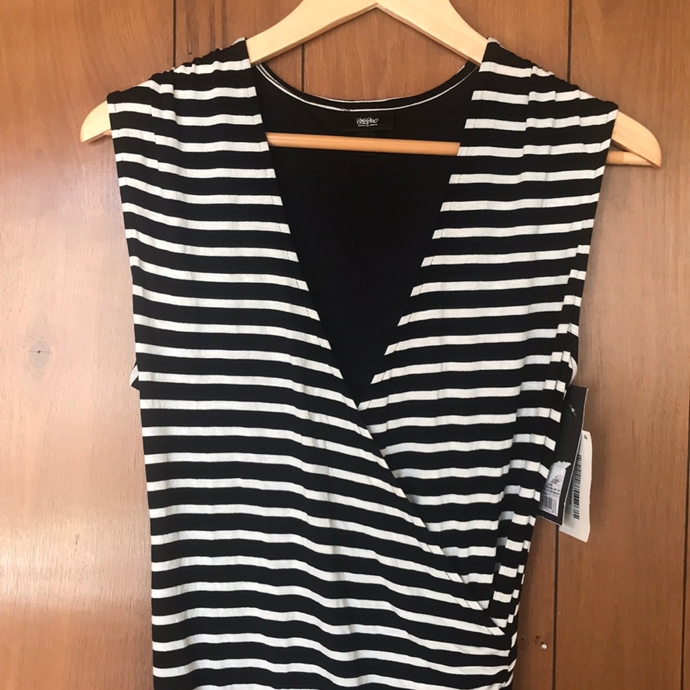 Sleeveless striped faux wrap dress